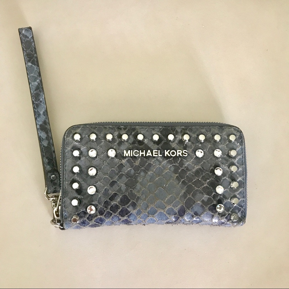Michael Kors Snakeskin Print Studded Zip Wallet